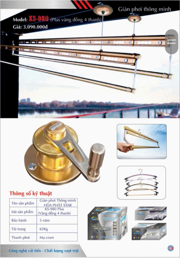 mẫu giàn phơi hòa phát (11) KS980 PLUS VÀNG ĐỒNG 4 THANH